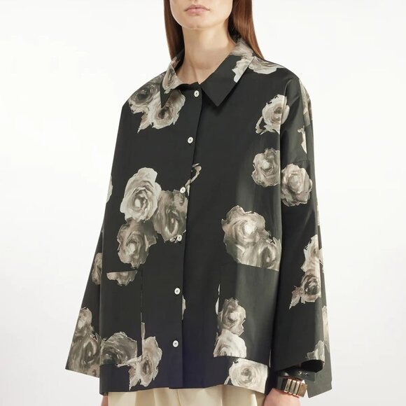 Liviana Conti Black Floral-Print Cotton-Poplin Oversized Shirt Jacket - Picture 1 of 12